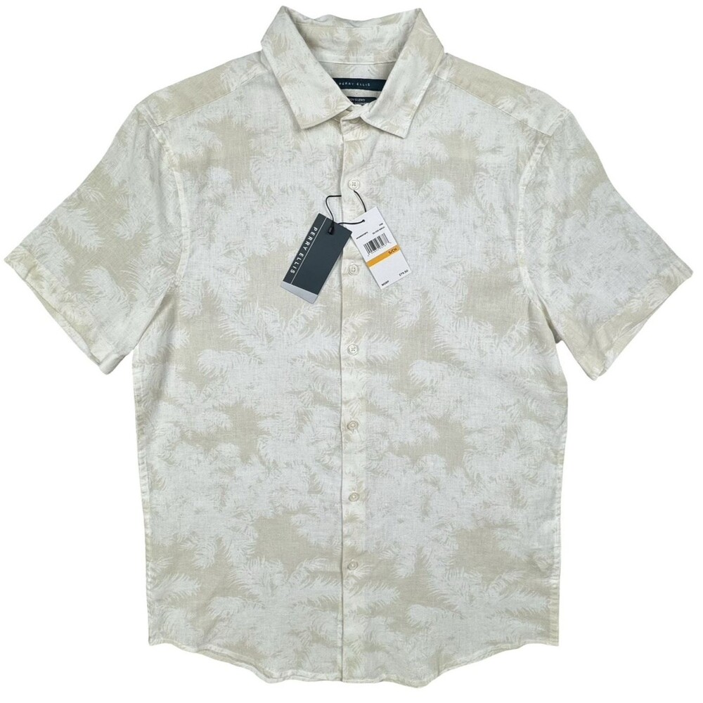 Perry Ellis Mens Small Shirt Short Sleeve Button-Up White Tan Palm Print New
